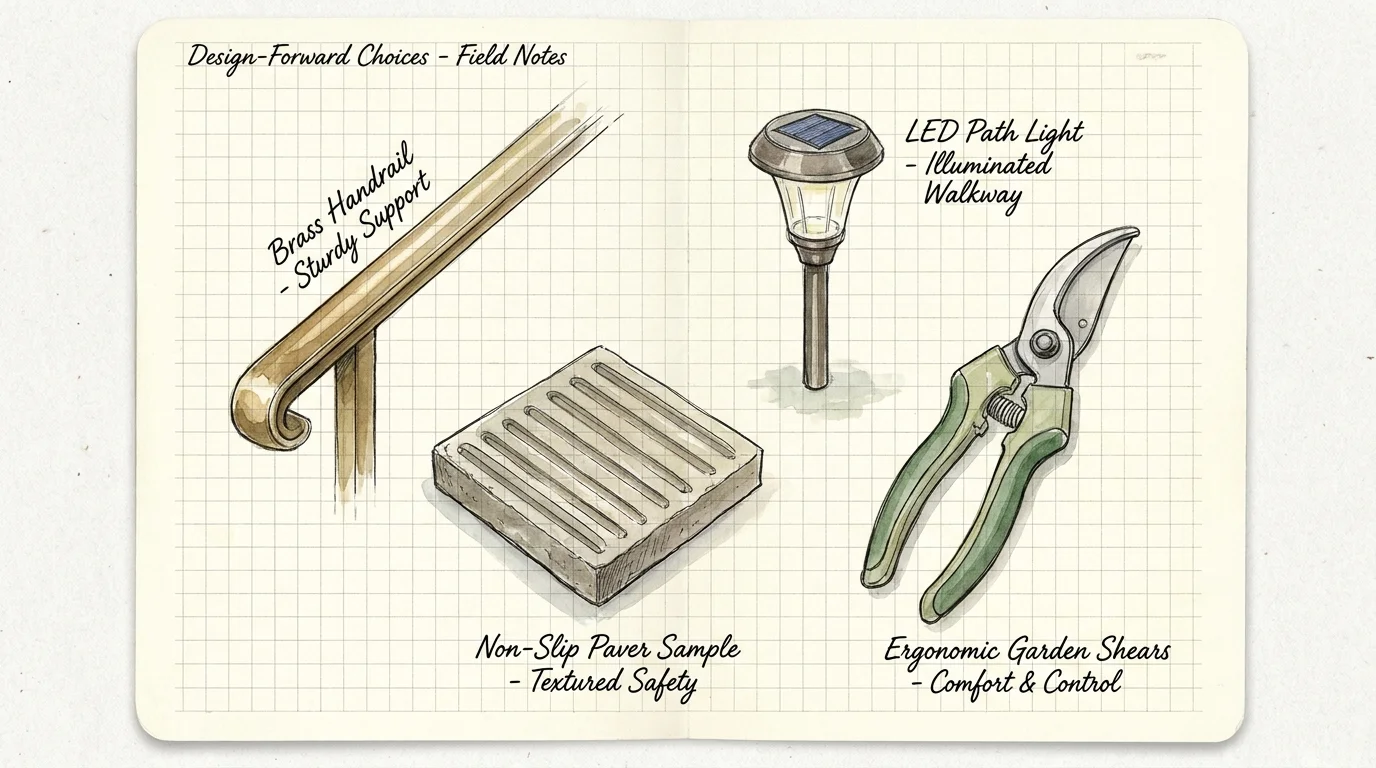 Watercolor sketch of gardening safety tools including a handrail, path light, and non-slip paver.