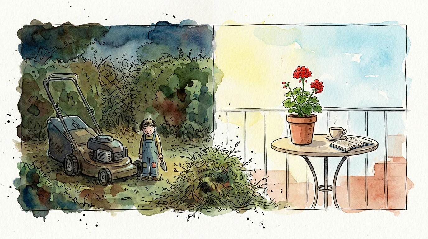 Watercolor split-screen showing an overwhelming garden on the left and a manageable, peaceful balcony garden on the right.