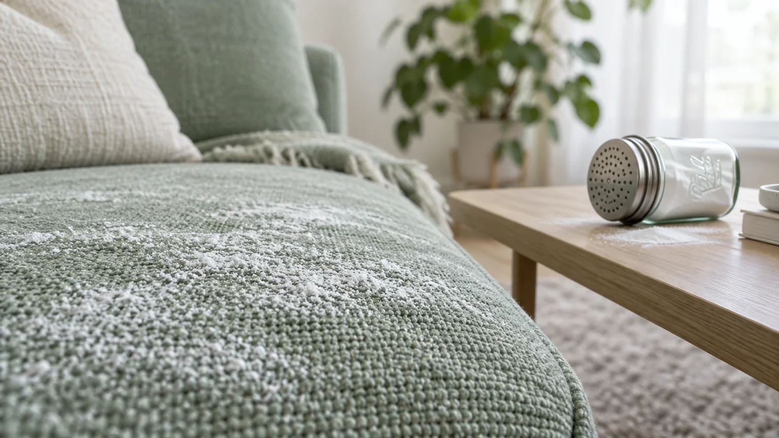 Baking soda sprinkled across a green textured sofa cushion beside a glass shaker resting on a wooden coffee table.