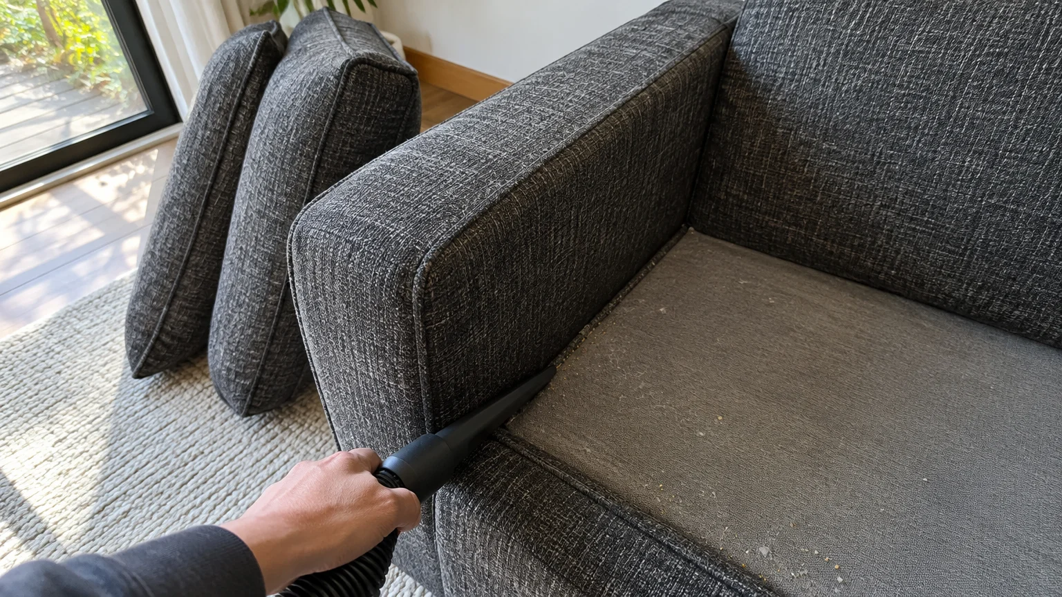Hand using a vacuum crevice tool along the inner seam of a gray fabric couch with cushions removed.