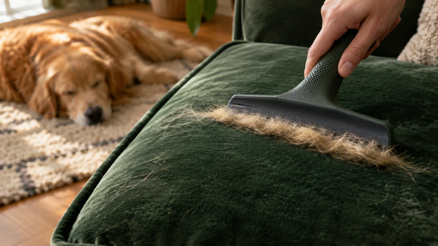 A person scrapes a rubber blade across a green velvet sofa cushion, gathering pet fur while a golden dog sleeps nearby.