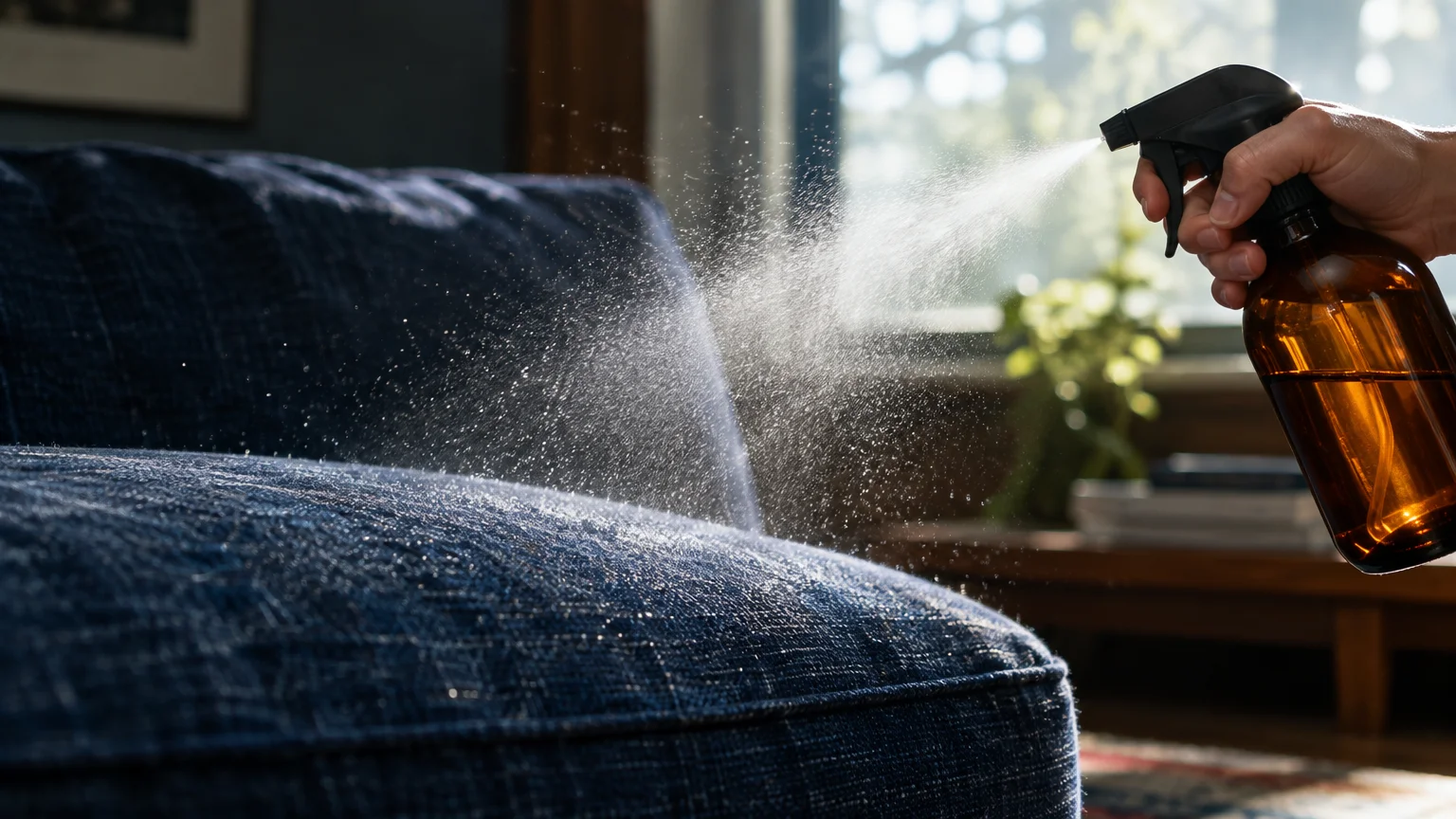 A hand holding an amber glass spray bottle mists a fine spray of liquid over a textured dark blue couch cushion.