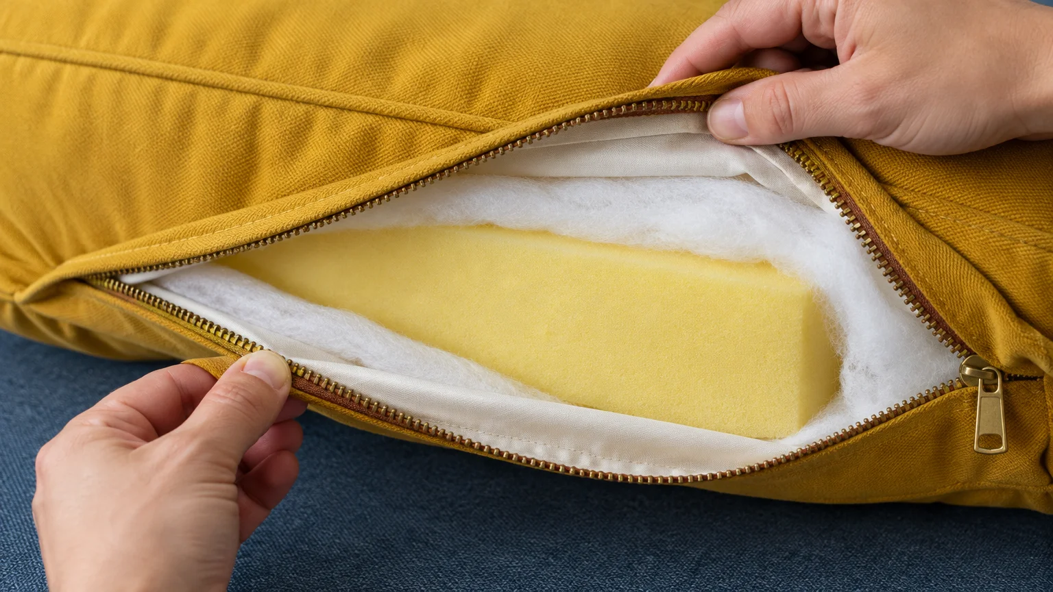 Hands opening the zipper of a mustard-yellow cushion cover to reveal white batting and yellow foam insert.