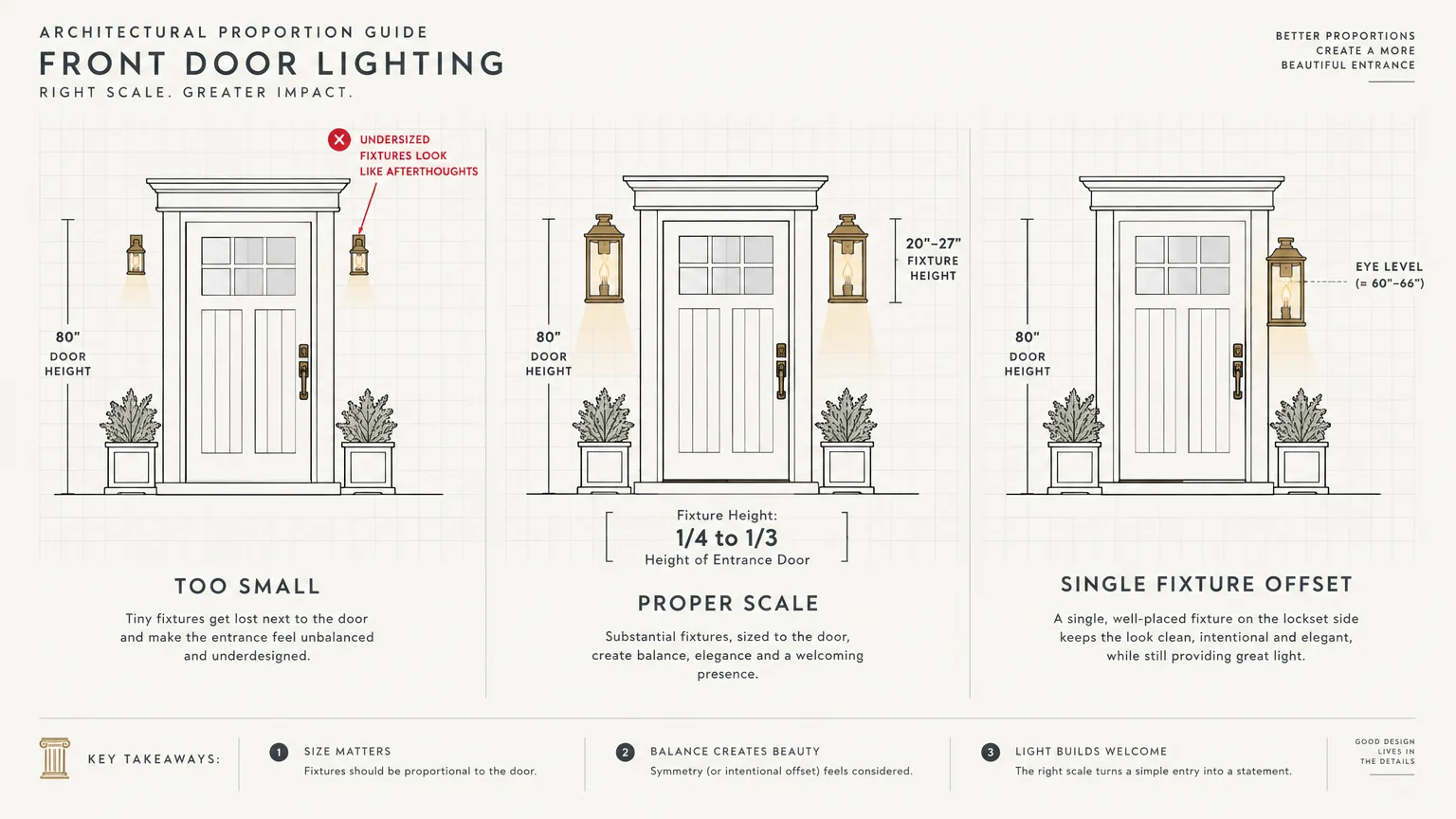 Architectural diagram comparing too small, proper scale, and single offset exterior sconces mounted beside front doors.