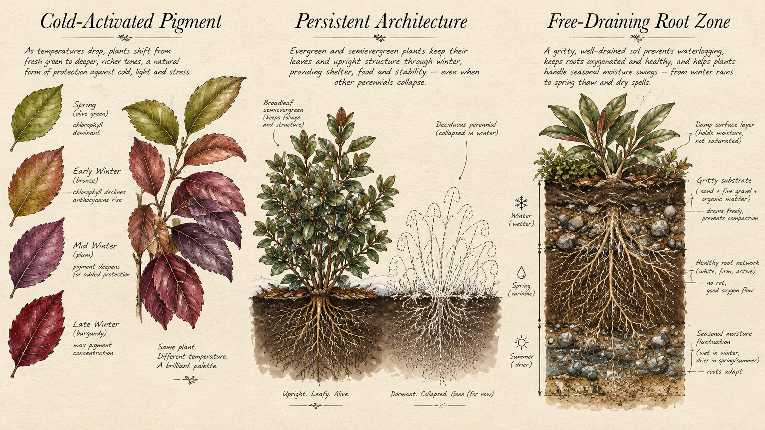 Botanical watercolor diagram detailing cold-activated leaf pigments, winter shrub architecture, and soil root drainage.