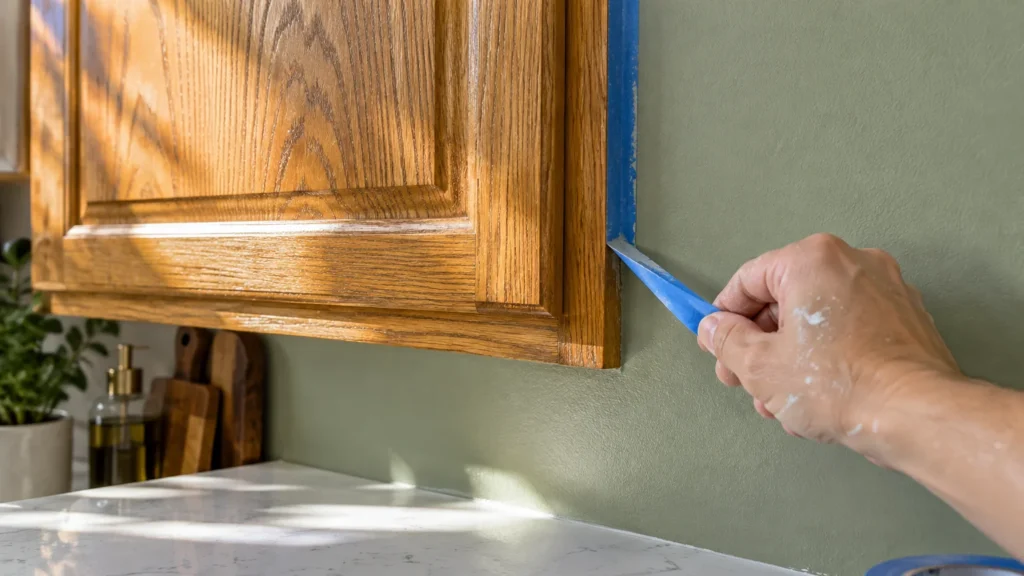 Hand peeling blue painter's tape from the edge of an oak cabinet beside a freshly painted green wall.