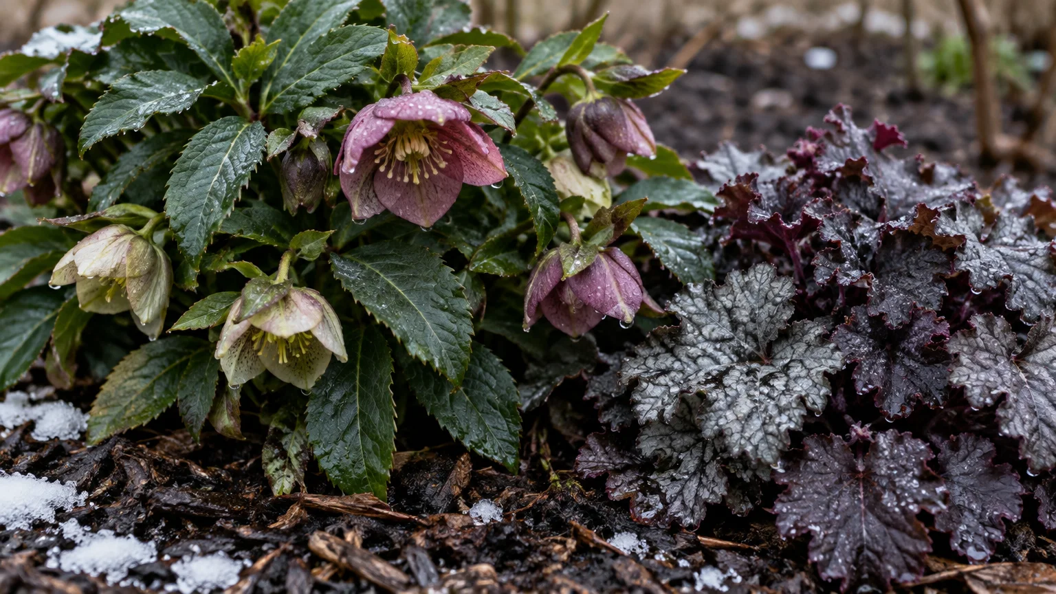 Blooming purple hellebore plant beside dark ruffled heuchera foliage in a garden bed with scattered snow.