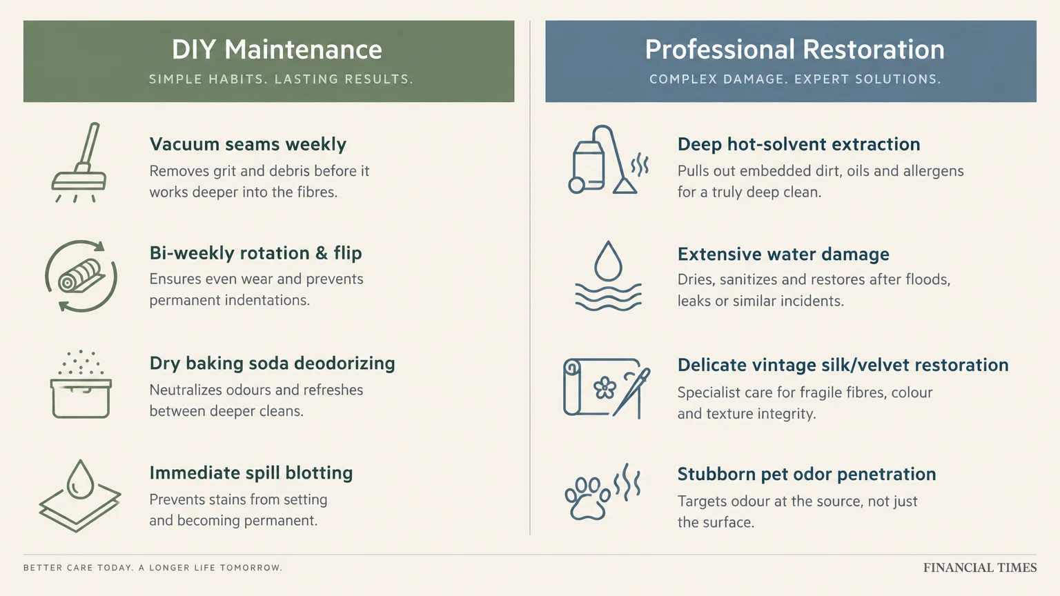 Side-by-side comparison chart contrasting four DIY maintenance tasks with four complex professional restoration services.