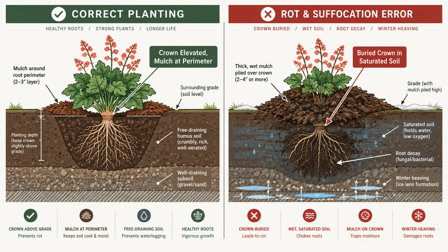 Diagram comparing correct planting with mulch kept at the root perimeter against an error showing mulch burying the crown.