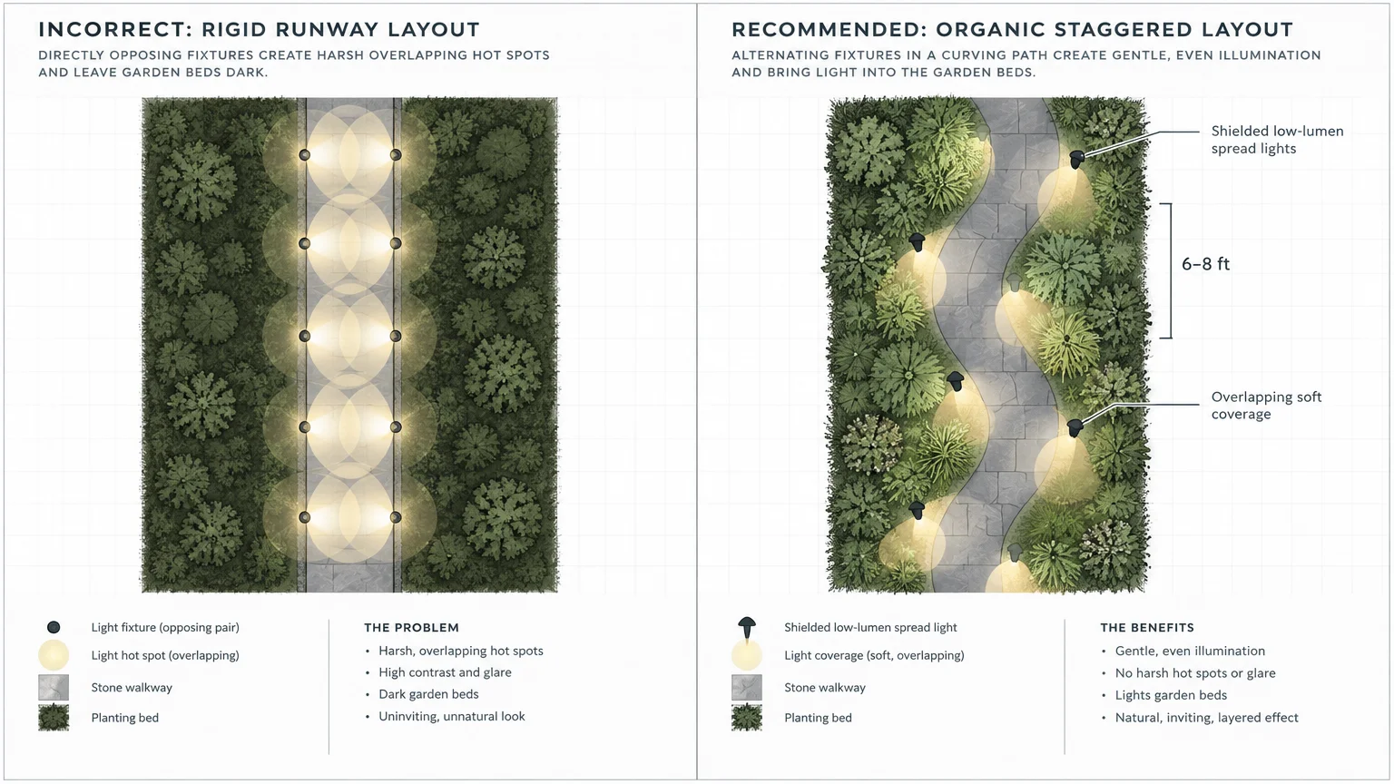 Diagram comparing incorrect rigid runway path lighting layout with recommended organic staggered lighting along a walkway.