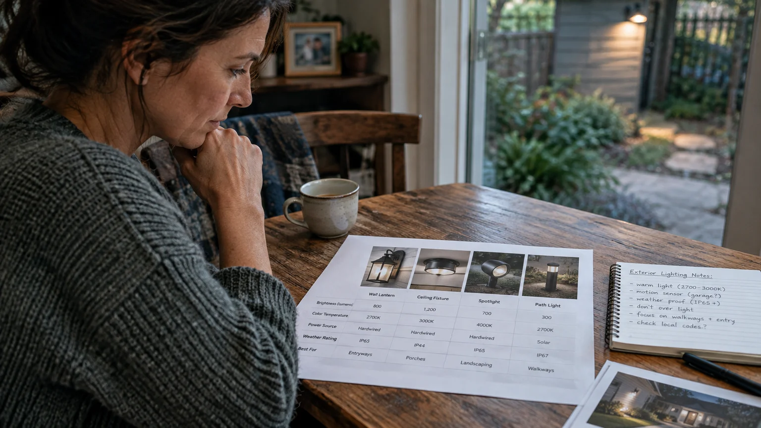 Woman sitting at a wooden table reviewing a printed outdoor lighting specification chart next to a notebook.