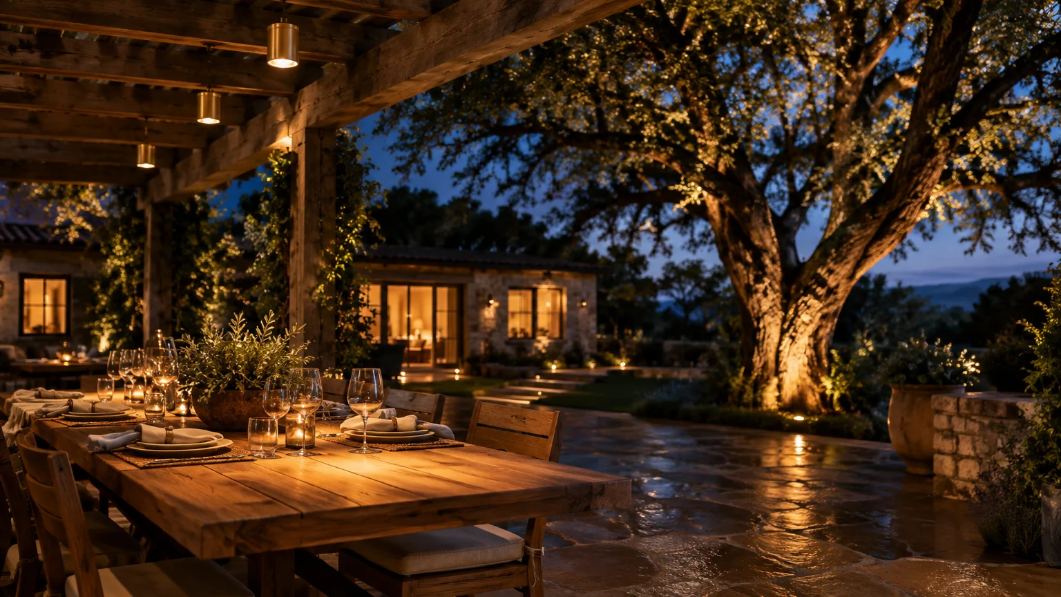 Illuminated stone patio at dusk with a wooden dining table under a pergola beside an uplit mature tree.