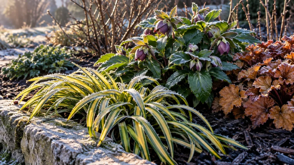 Frost-edged ornamental grass, purple hellebores, and amber coral bells growing in a winter garden border.