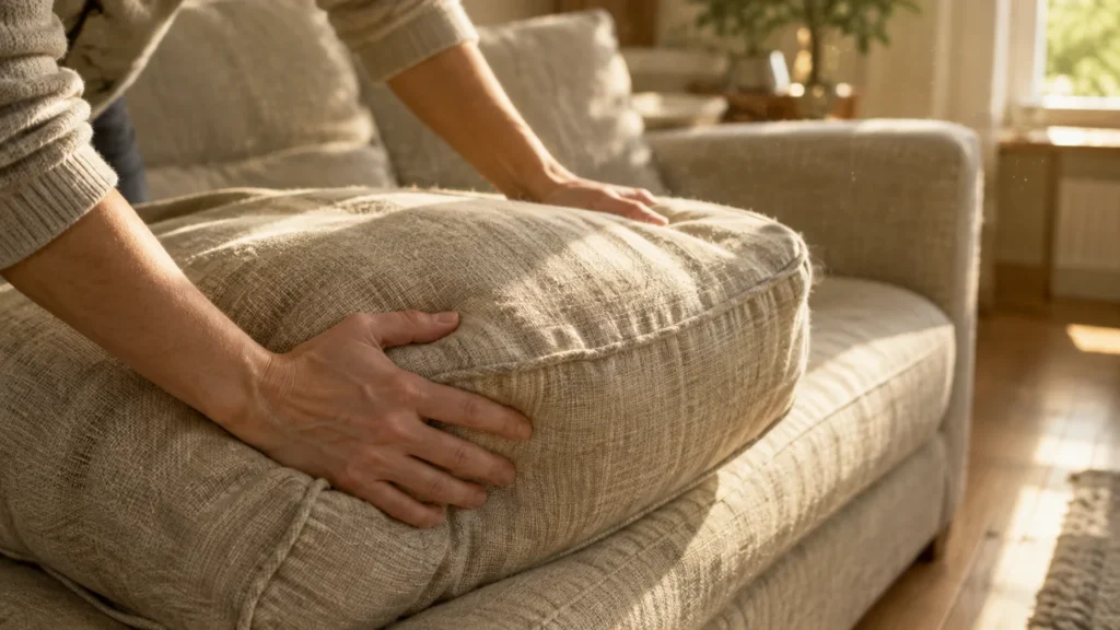 Close-up of a person fluffing and adjusting a textured beige cushion on a living room sofa in warm sunlight.