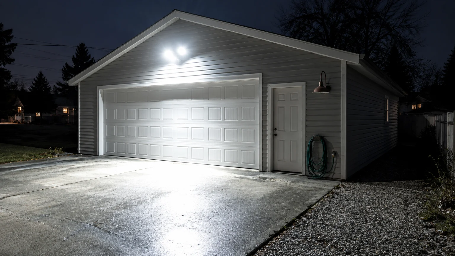 Bright security floodlight shining harsh white light over a garage door and concrete driveway at night.