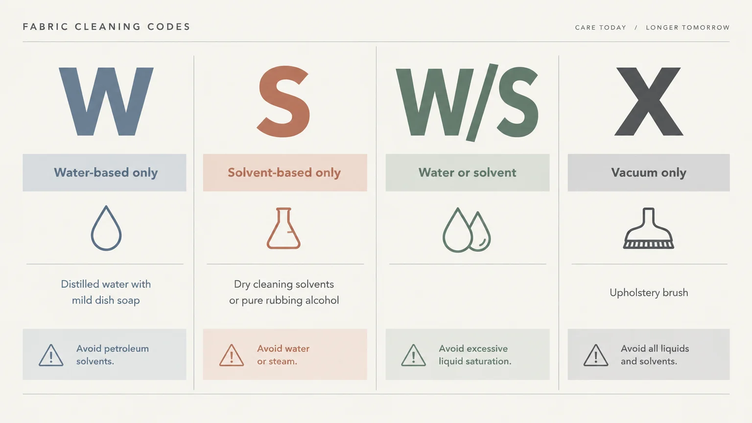 Chart detailing fabric cleaning codes W, S, W/S, and X with cleaning methods, icons, and caution notes for each.