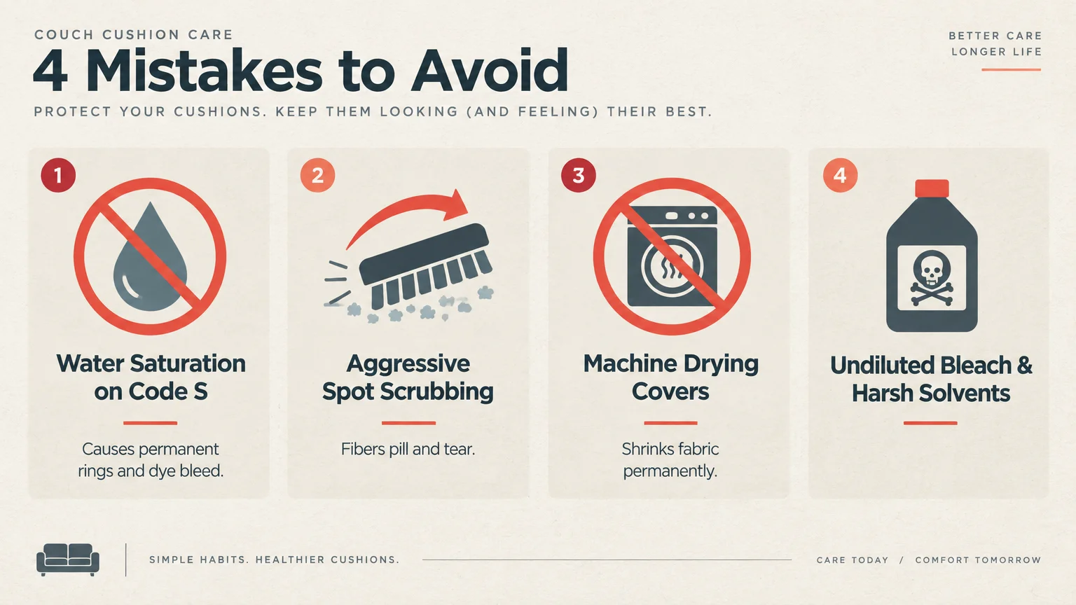 Infographic detailing four cushion mistakes to avoid: water saturation, spot scrubbing, machine drying, and harsh bleaches.
