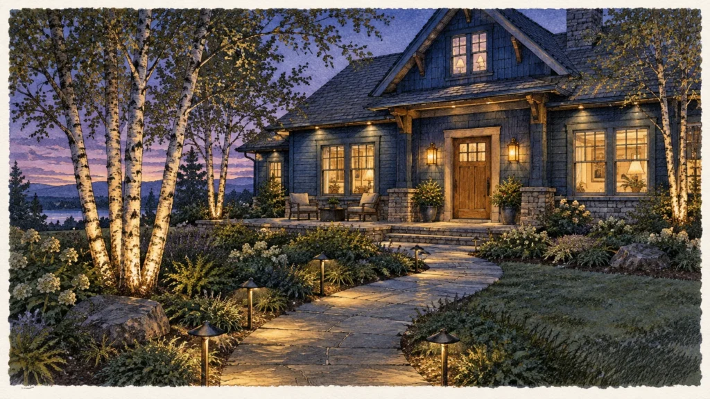 Watercolor illustration of a craftsman home at dusk with warm pathway lights, illuminated birch trees, and glowing porch lanterns.