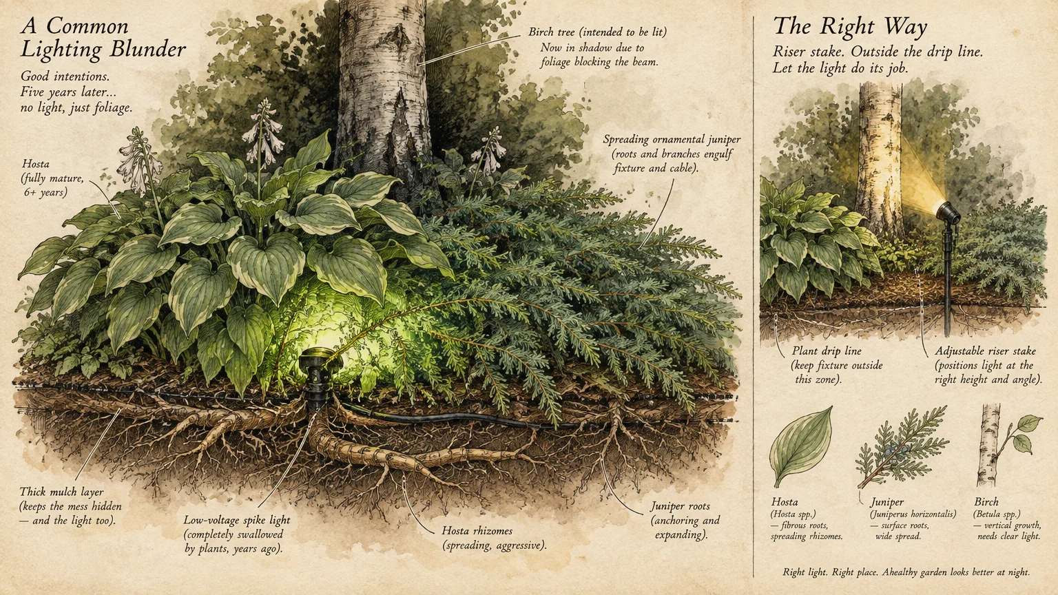 Diagram comparing an uplight swallowed by roots and foliage to an elevated fixture lighting a birch tree outside drip lines.