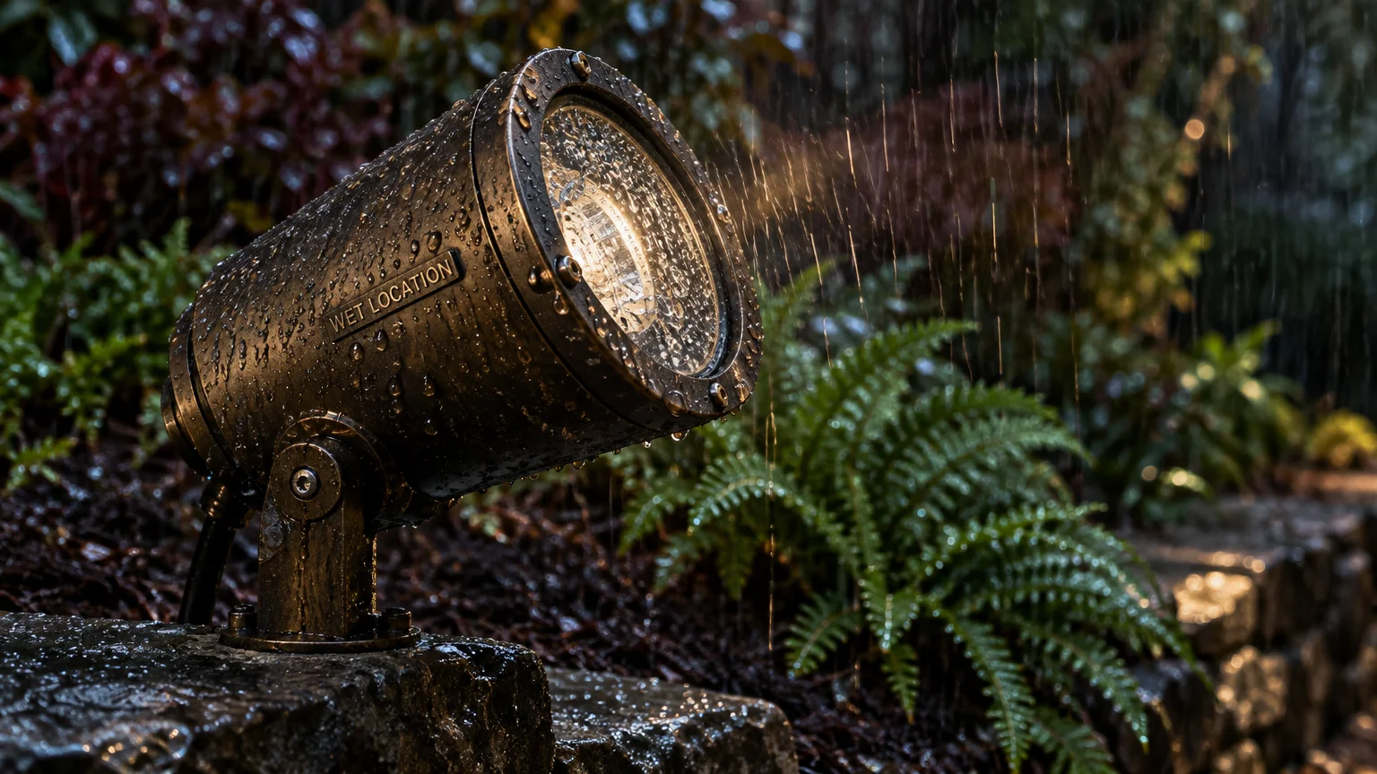 A wet-rated bronze spotlight covered in raindrops illuminates a garden bed of ferns during rainfall.