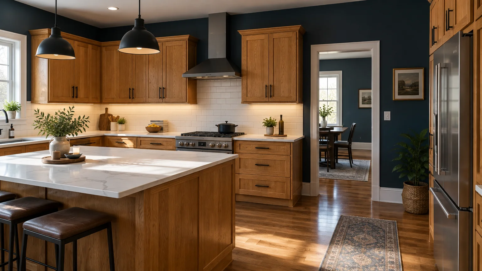 Oak kitchen cabinets paired with dark navy walls, white quartz countertops, and a large island.