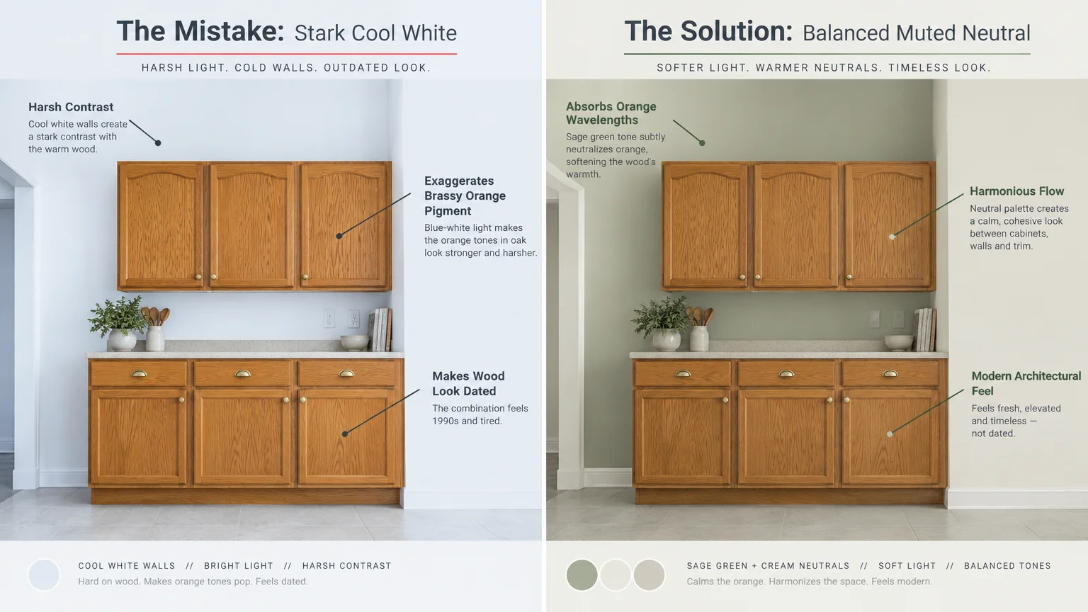 Side-by-side comparison diagram showing oak cabinets against stark cool white walls versus balanced muted neutral walls.