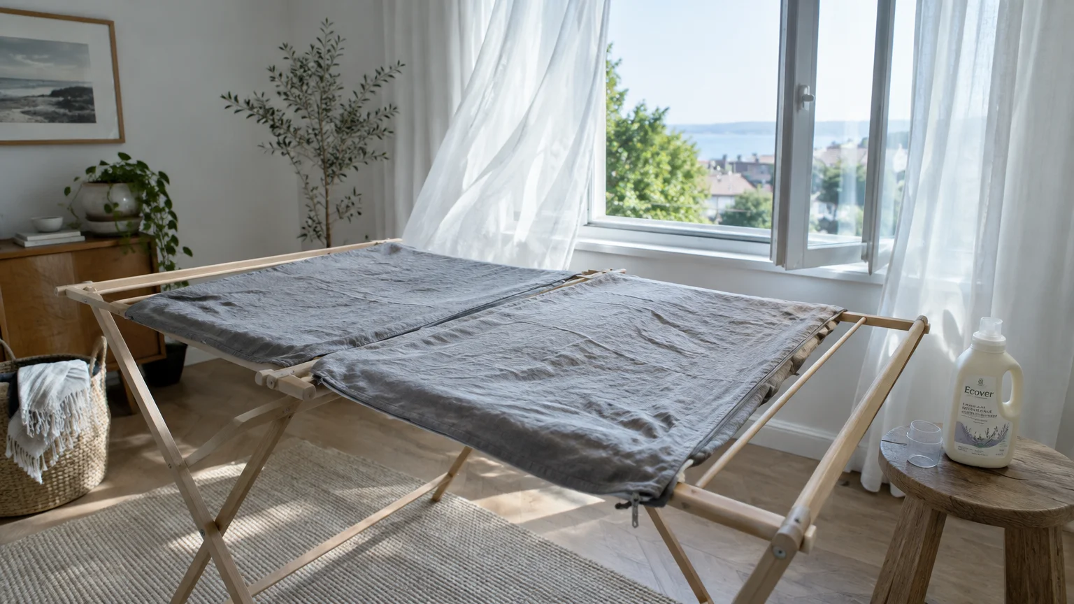 Grey cushion covers laid flat to dry on a wooden drying rack next to an open window and detergent bottle.