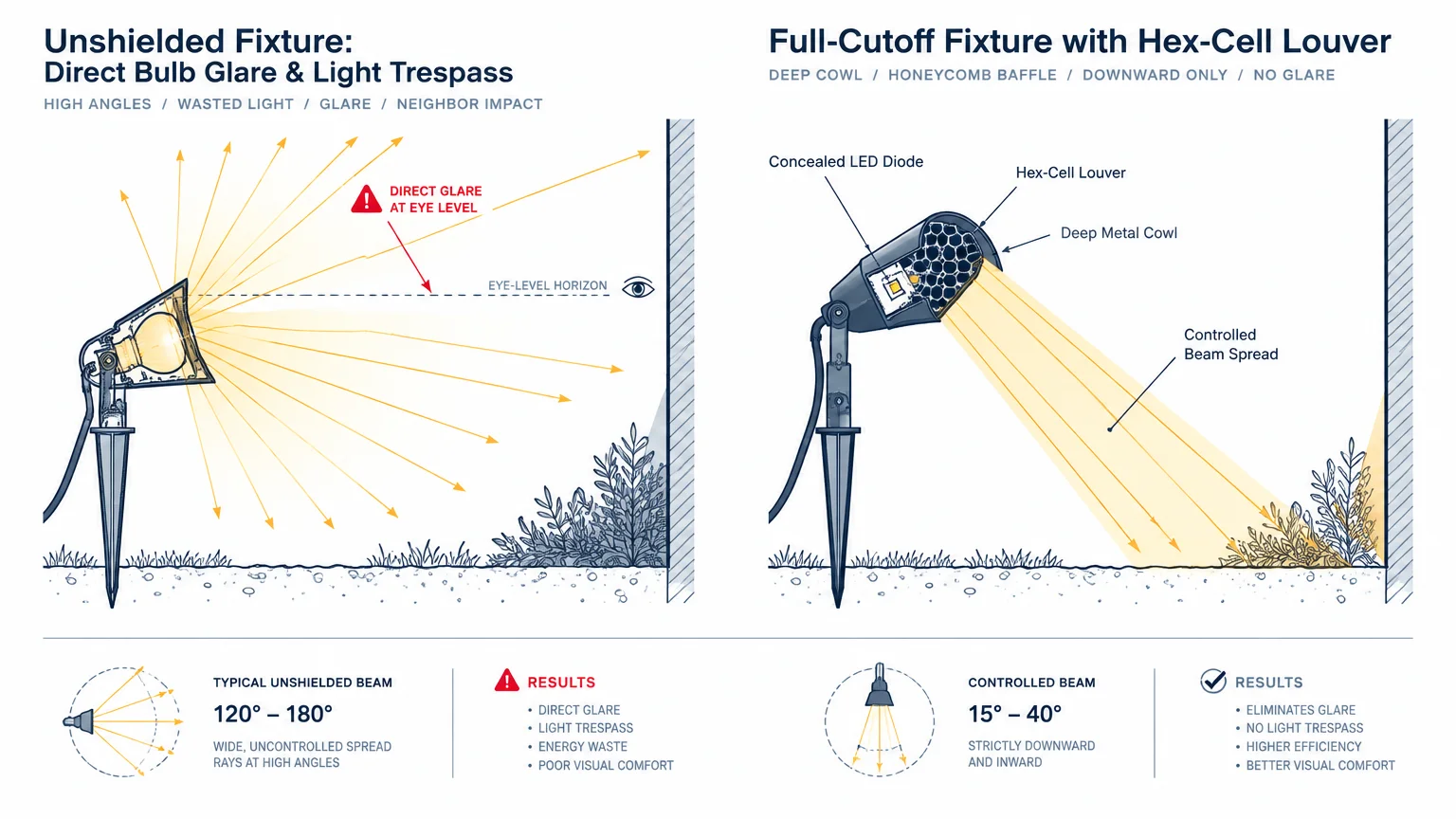 Diagram comparing an unshielded landscape light causing eye-level glare to a shielded fixture directing controlled light.