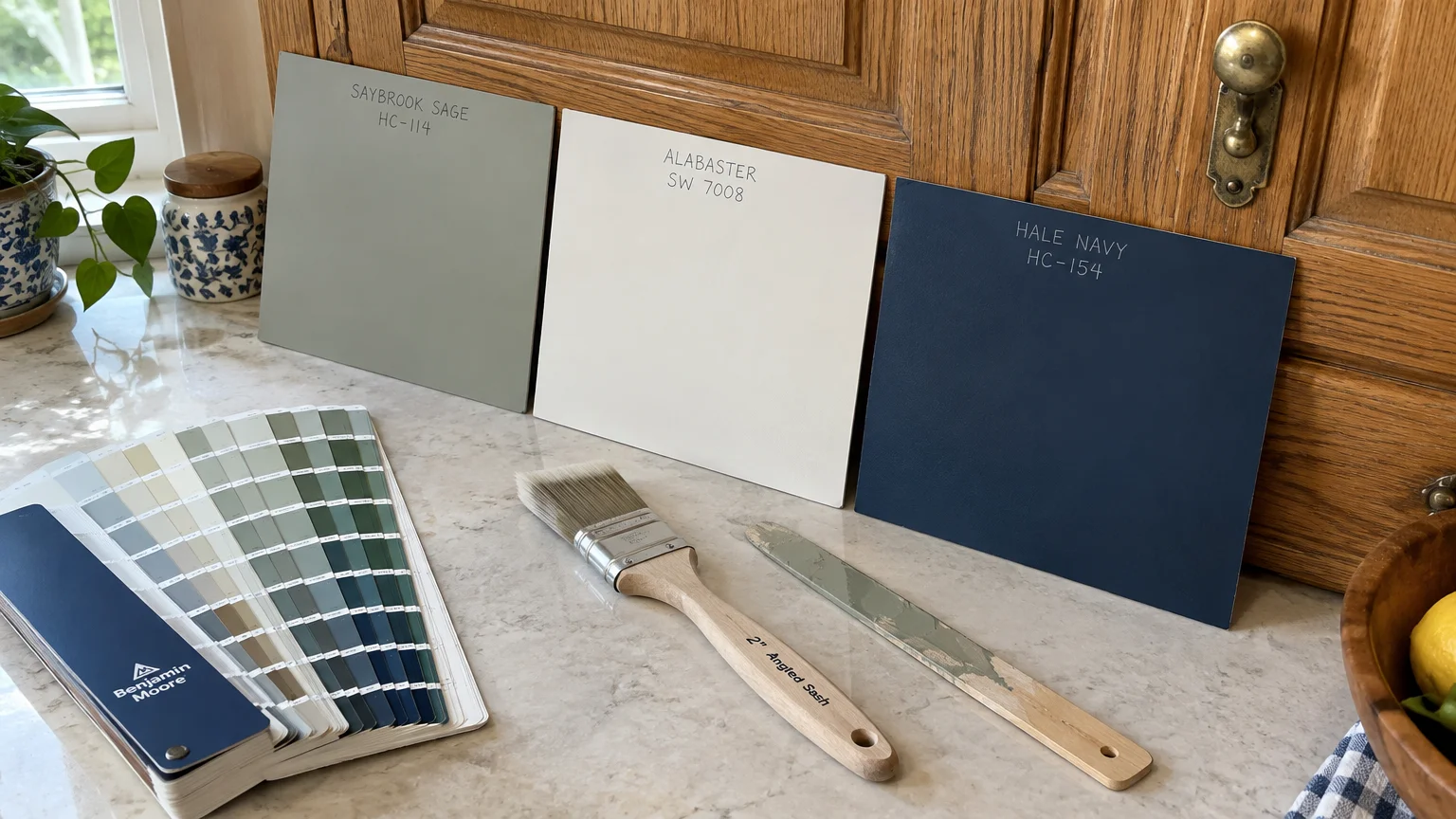 Paint swatches titled Saybrook Sage, Alabaster, and Hale Navy displayed by oak cabinets with a brush and fan deck.