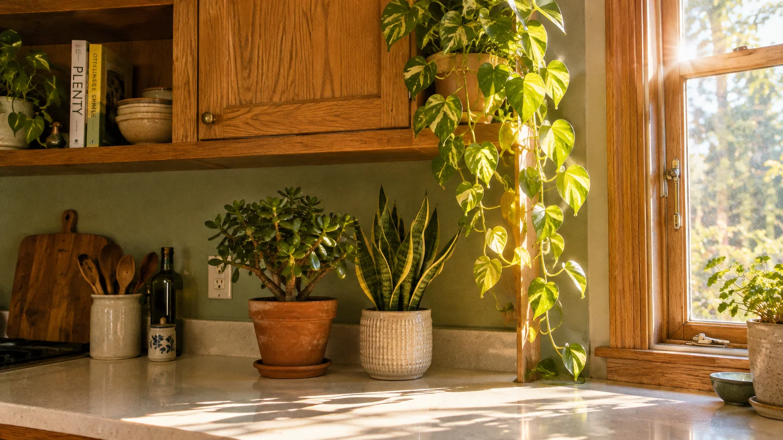 Potted houseplants sit on a kitchen counter beneath warm oak cabinets beside a sunlit window.