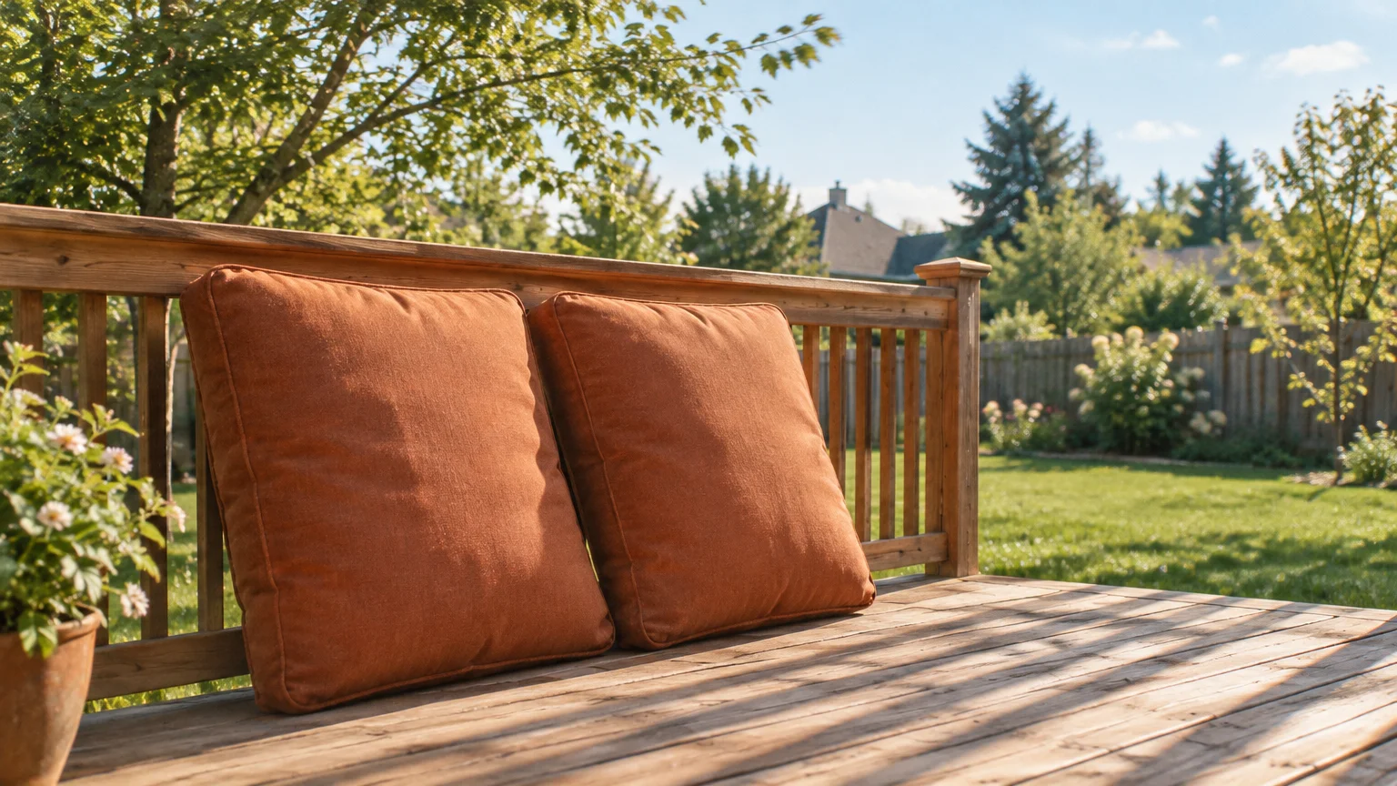 Two rust-orange couch cushions propped up on a wooden deck in a sunny backyard with green trees and a lawn.