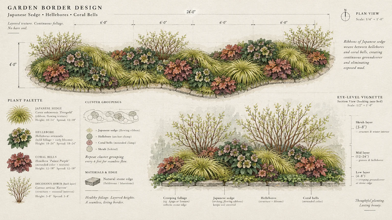 Landscape design diagram with watercolor plan and elevation views of a garden border with sedge, hellebores, and shrubs.