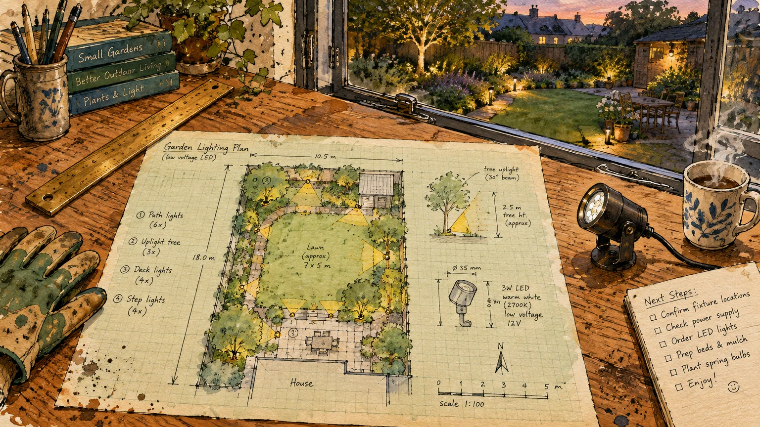 Garden lighting plan sketch on a desk next to an illuminated spotlight and a window overlooking an illuminated backyard.