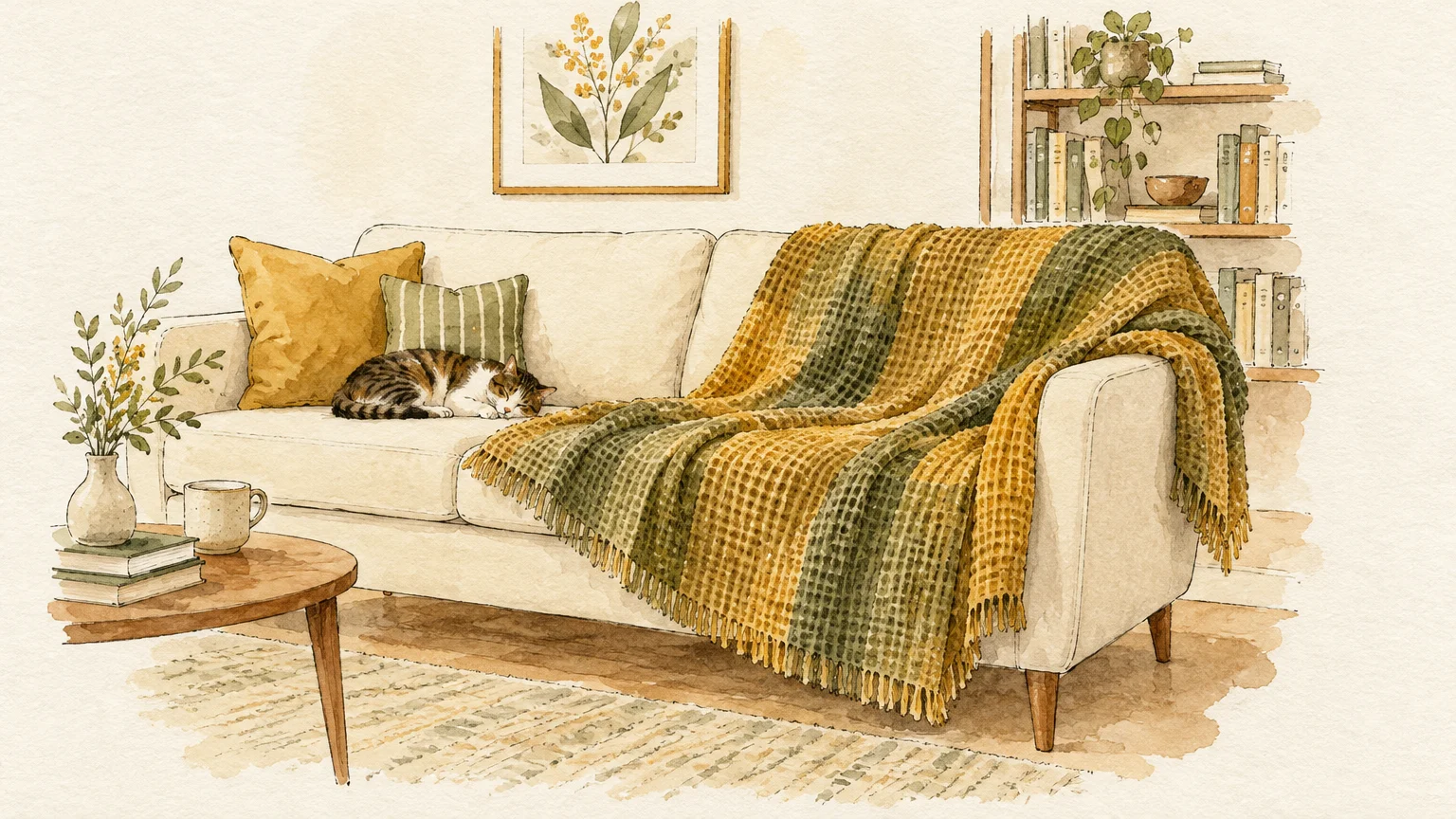 Watercolor of a cat sleeping on a cream sofa draped with a green and yellow waffle-knit throw blanket.