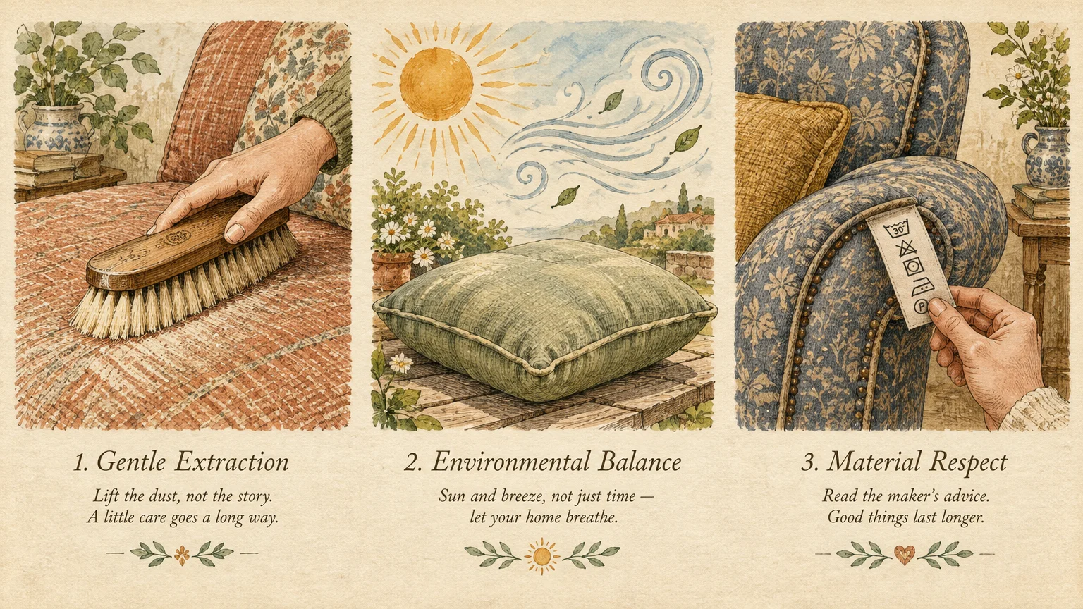 Watercolor triptych illustrating furniture care: brushing upholstery, airing a cushion outside, and checking a fabric care tag.