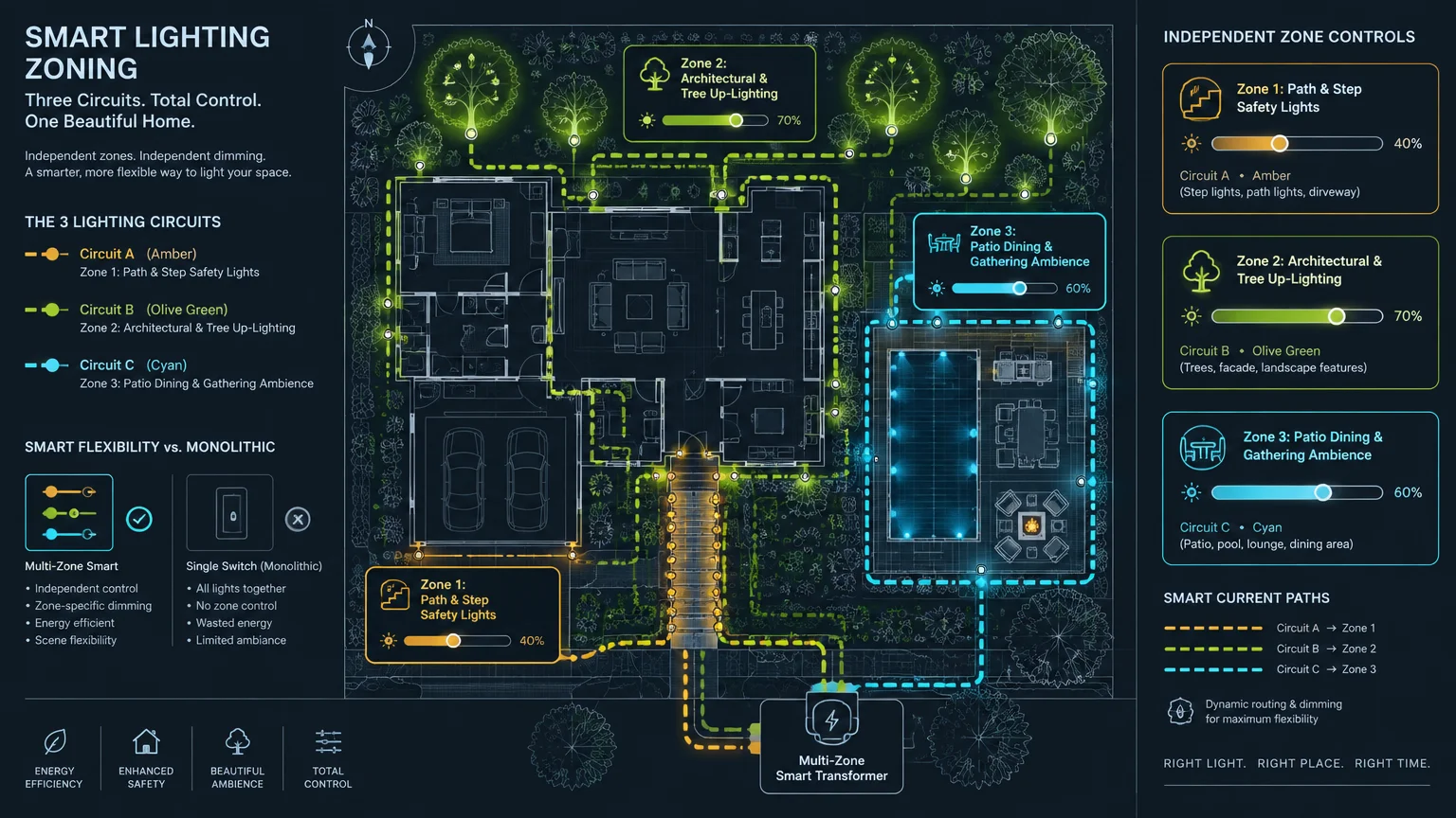 Floor plan diagram illustrating three smart exterior lighting circuits wired to separate zones around a home.